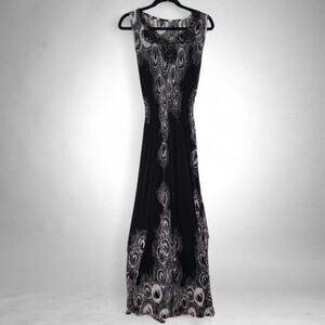 Silk Blend Maxi Dress Womens XL Black Gothic Summer Smocked Lace Sleeveless